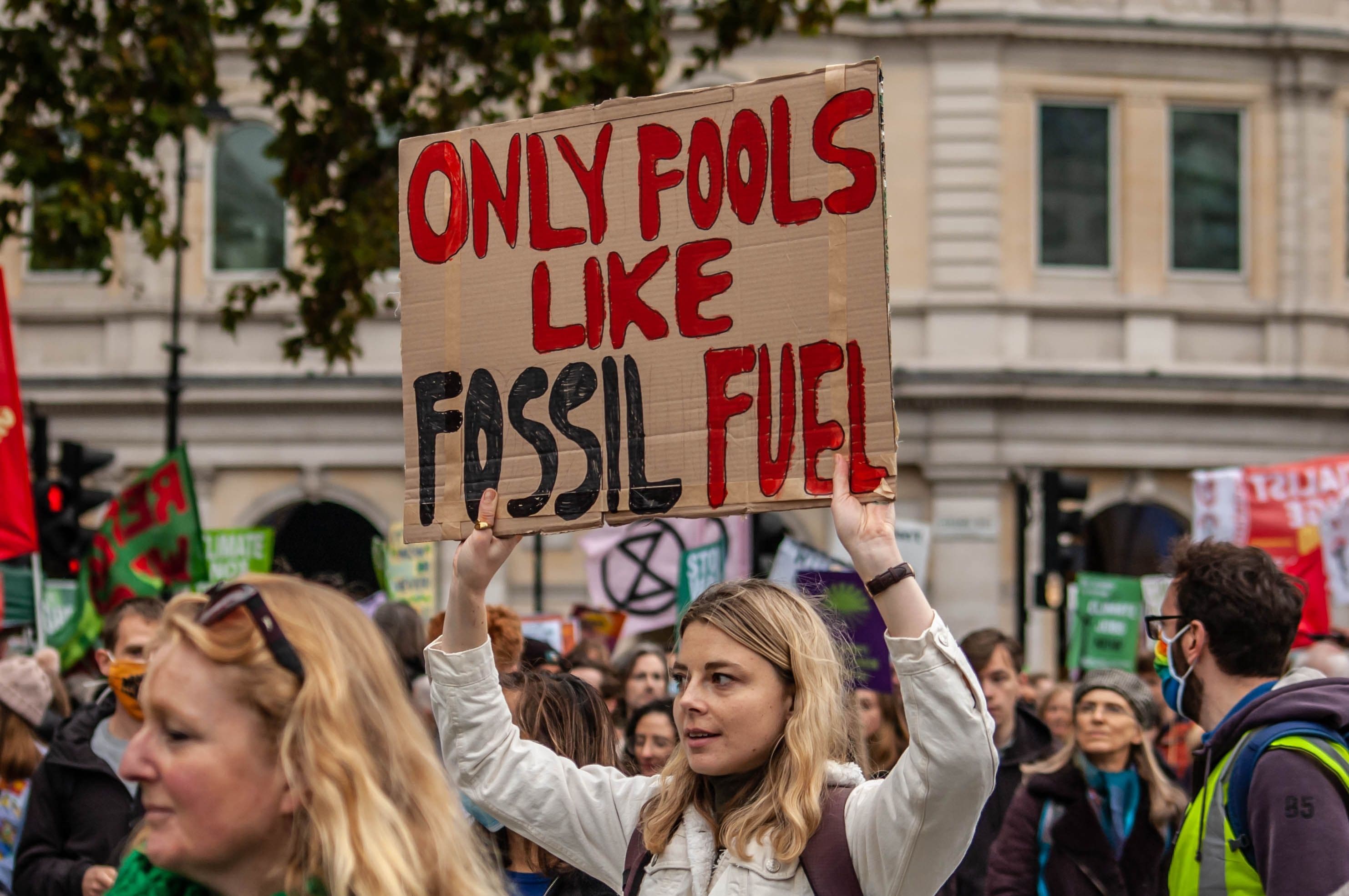 Protester with a billboard "Only fools like fossil fuel"