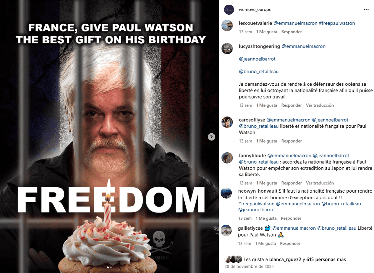 Une photo de notre post sur instagram demandant la libération de Paul Watson