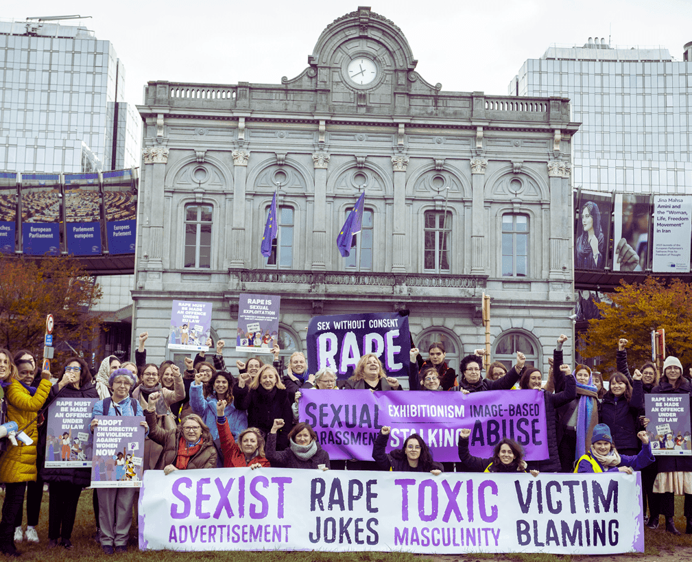 Activists from WeMove and partner organisations protesting against gender violence