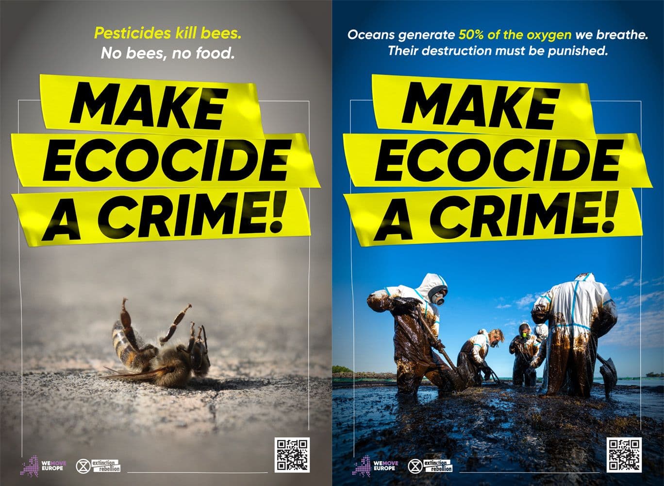 Twee posters met de tekst "Maak van ecocide een misdaad!"