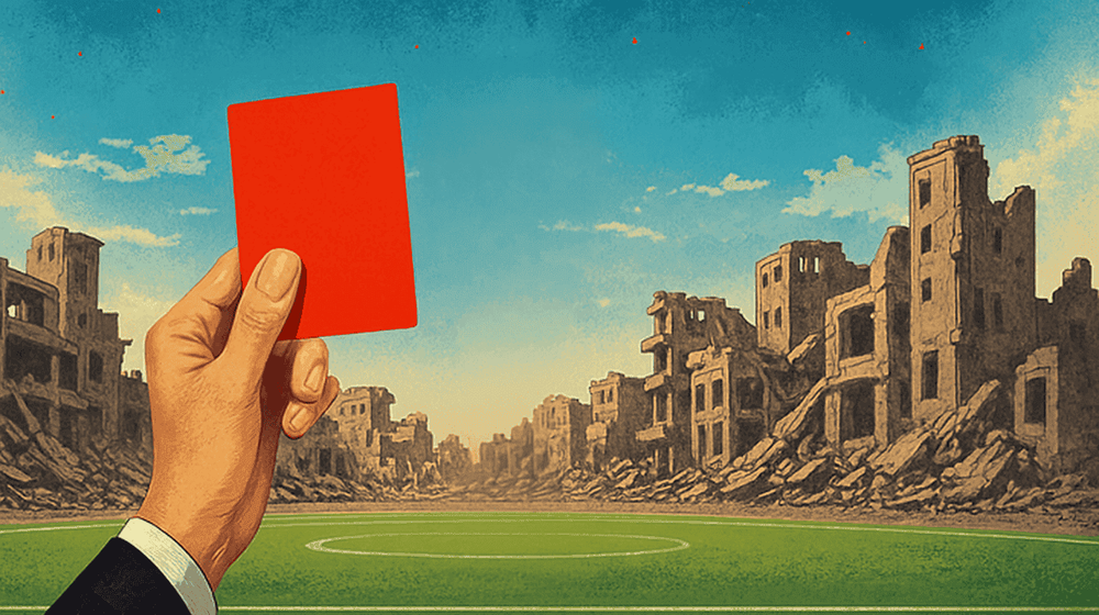 football referee holding red card with image of destroyed gaza in the background, with the title "Red Card for Genocide!