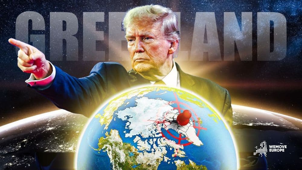 Trump pointing the finger and the earth with a pin on Greenland