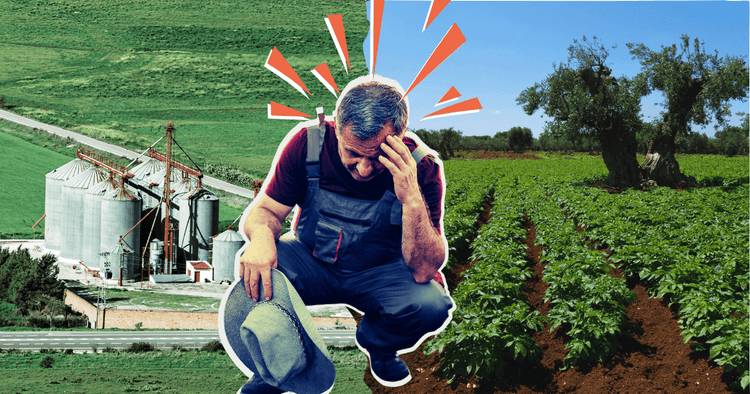 Foto di un agricoltore preoccupato con uno sfondo che contiene da un lato una fabbrica di prodotti agroalimentari e dall'altro una piantagione di pomodori e un ulivo