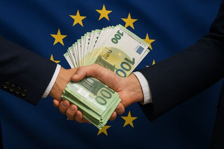Biljetten van 100 euro die van de ene hand naar de andere gaan met op de achtergrond de EU-vlag