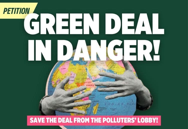 Afbeelding van armen die de aarde omringen met de volgende inscriptie: Green deal in gevaar! Red de deal van de vervuilerslobby!