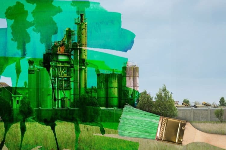 Immagine di una fabbrica ricoperta di pittura verde, che rappresenta il greenwashing