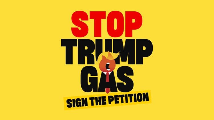 Gele achtergrond met grote tekst in het midden van de afbeelding met de tekst “Stop Trum Gas - Teken de petitie”.