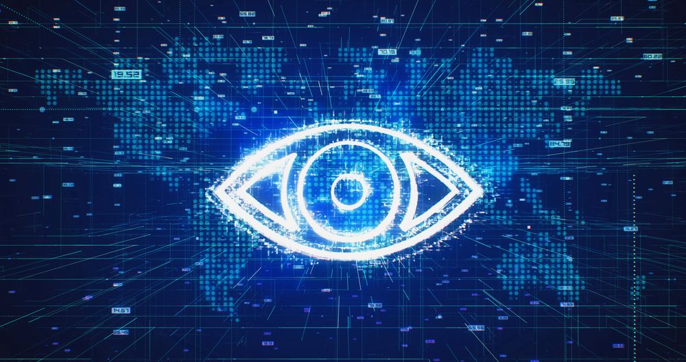 Ilustración de un ojo azul y negro hecho con código informático, que simboliza la invasión de la intimidad del Gran Hermano.