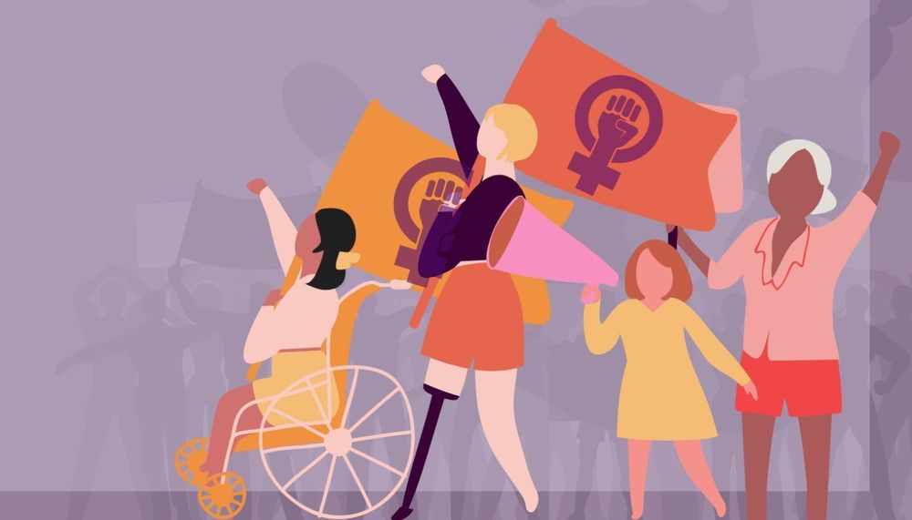 Illustration of women and girls holding flags and megaphones, purple background
