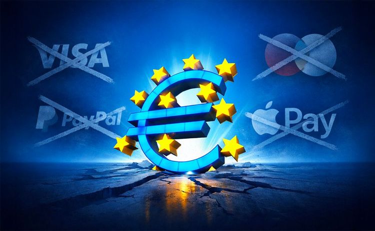 A euro currency sign is surrounded by crossed-out logos of US payment processors.