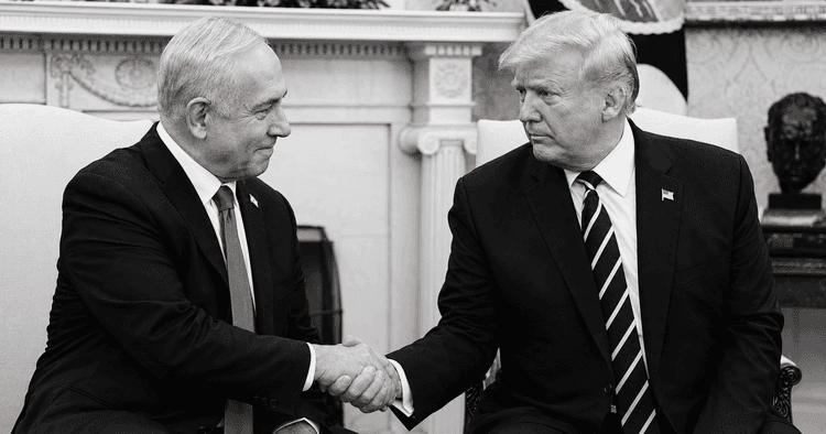 Black and white picture of Trump and Netanyahu shaking hands