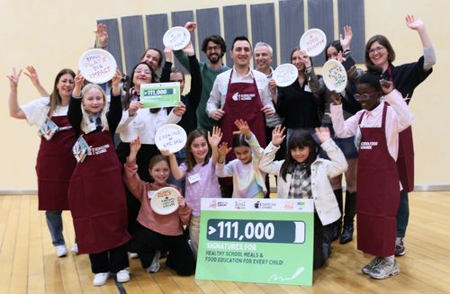 Komisarz ds. zdrowia, komisarz ds. rolnictwa i żywności, Hajar z WeMove Europe oraz grupa uczniów pozują razem z kartką, na której widnieje liczba 111 000 podpisów.